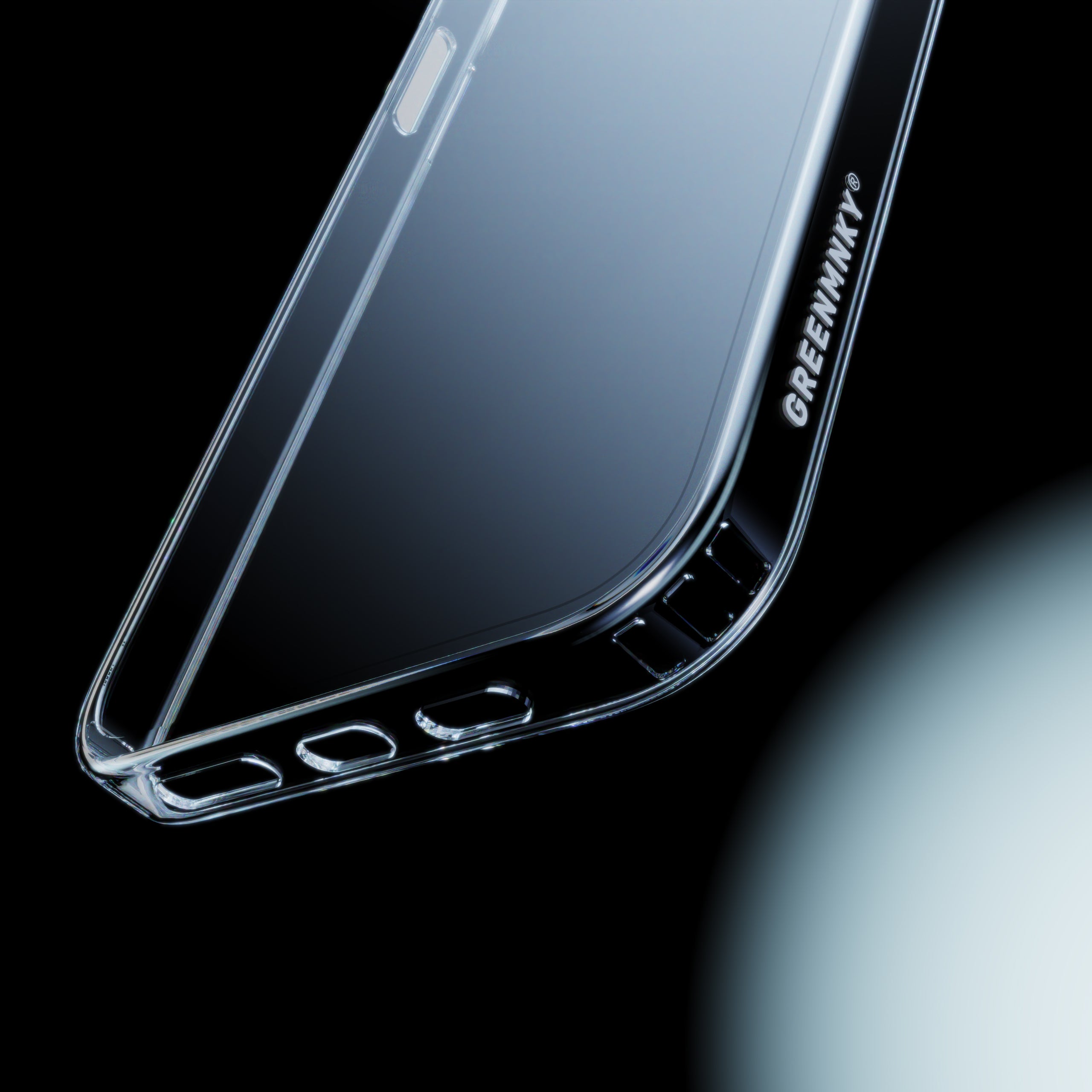 Transparente GREENMNKY® Handyhülle mit passgenauen Aussparungen und seitlichem Markenlogo – stoßfest, hochwertig verarbeitet und minimalistisch im Design.