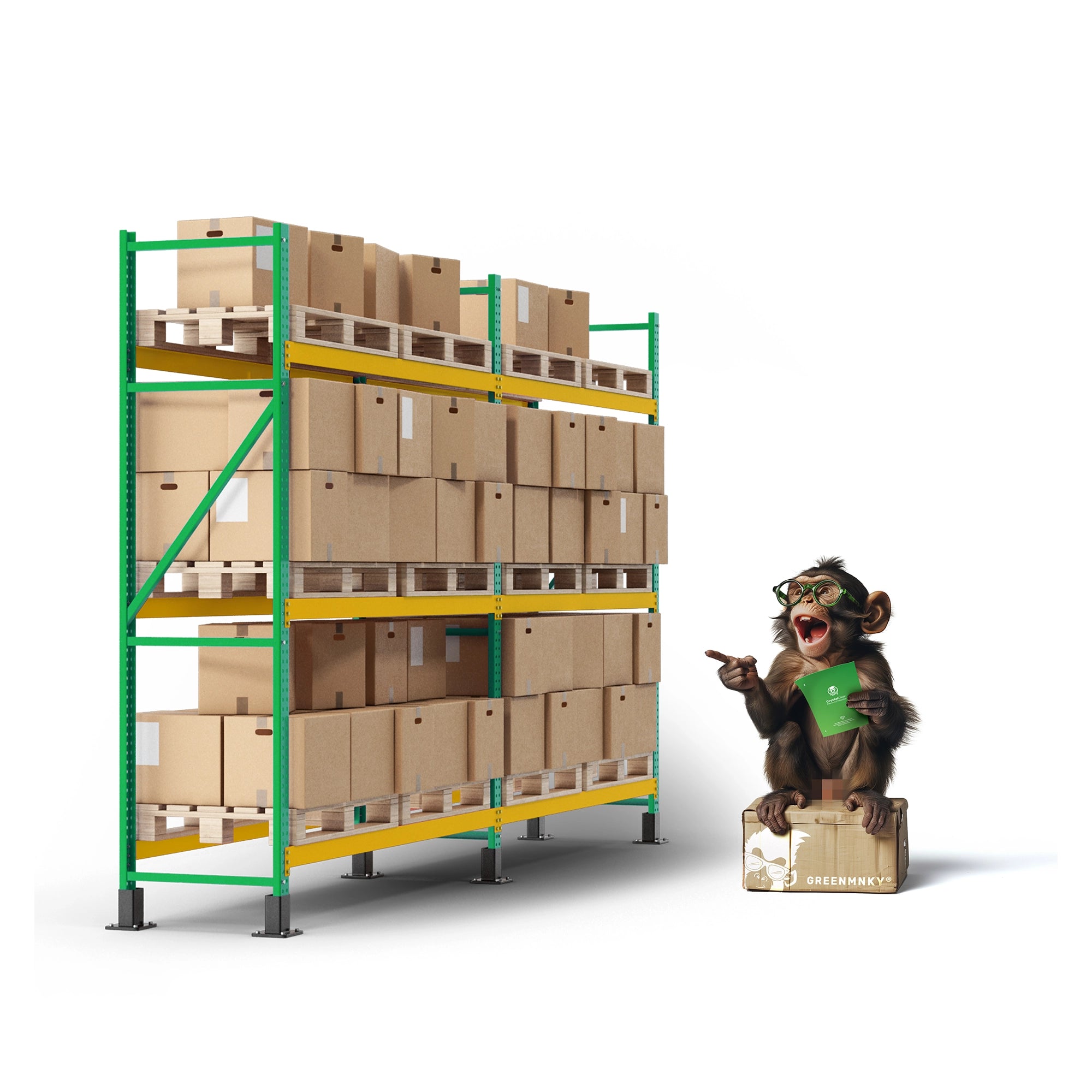 GREENMNKY-Affe mit einzelner Panzerfolie vor überfülltem Lagerregal – visualisiert 97 % Müllersparnis durch individuelle On-Demand-Produktion statt Massenlagerhaltung.