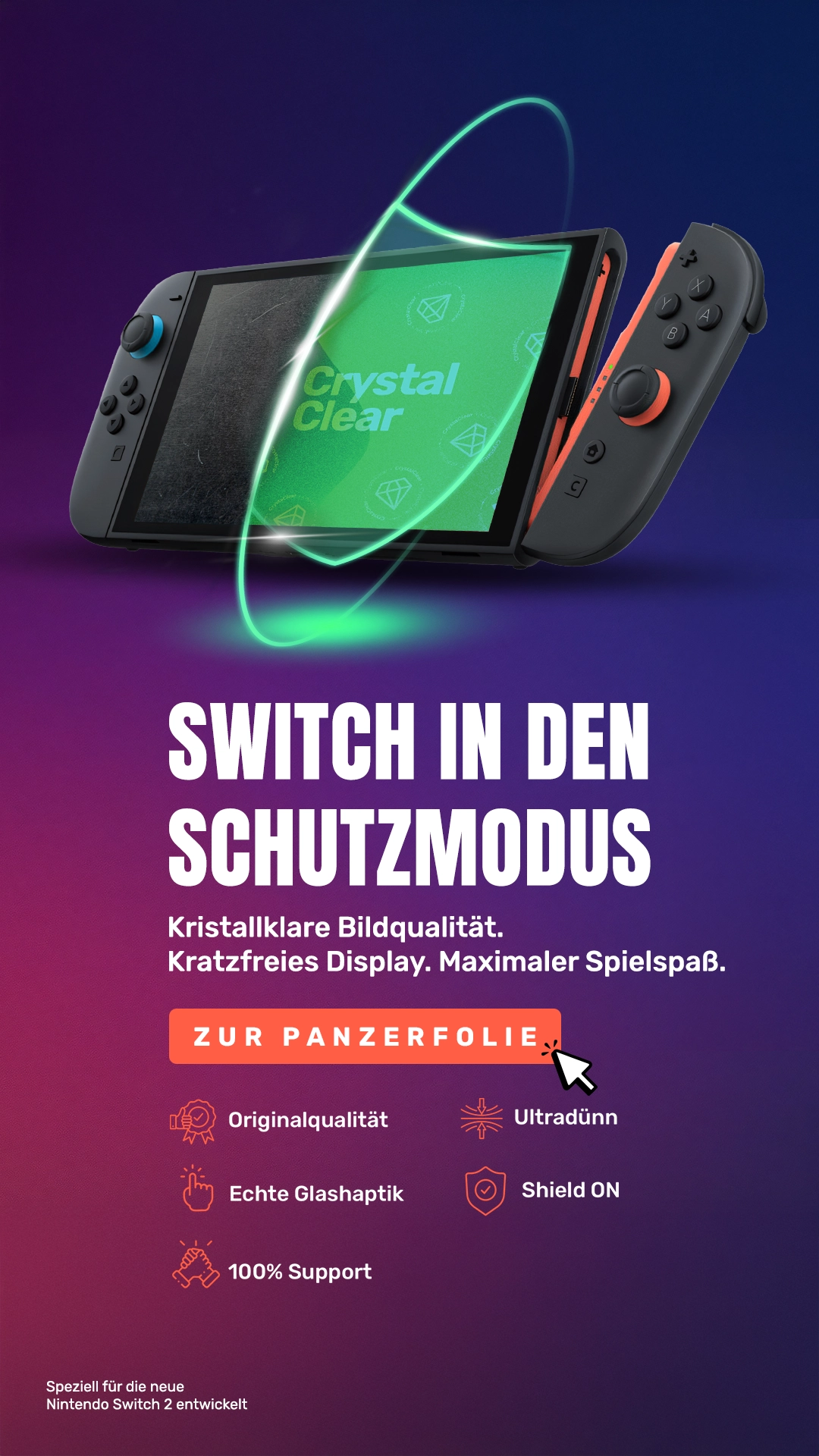 Nintendo Switch 2 Schutzfolie – kristallklare Qualität, kratzfest, ultradünn, echte Glashaptik.