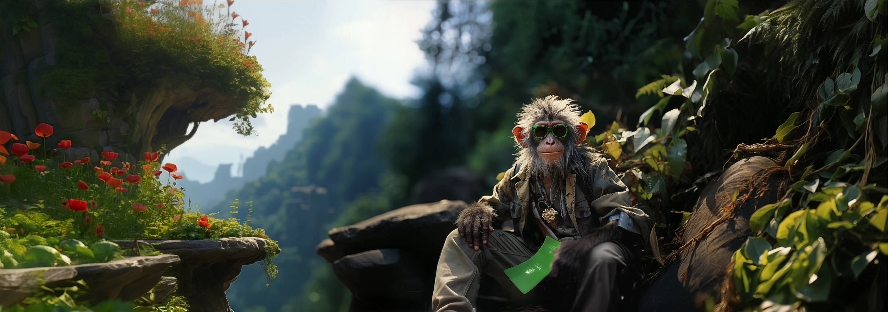 Symbolbild für Nachhaltigkeit: Affe mit grüner Sonnenbrille und GREENMNKY Panzerfolie im Dschungel – Aufruf zu umweltbewusstem Handeln.